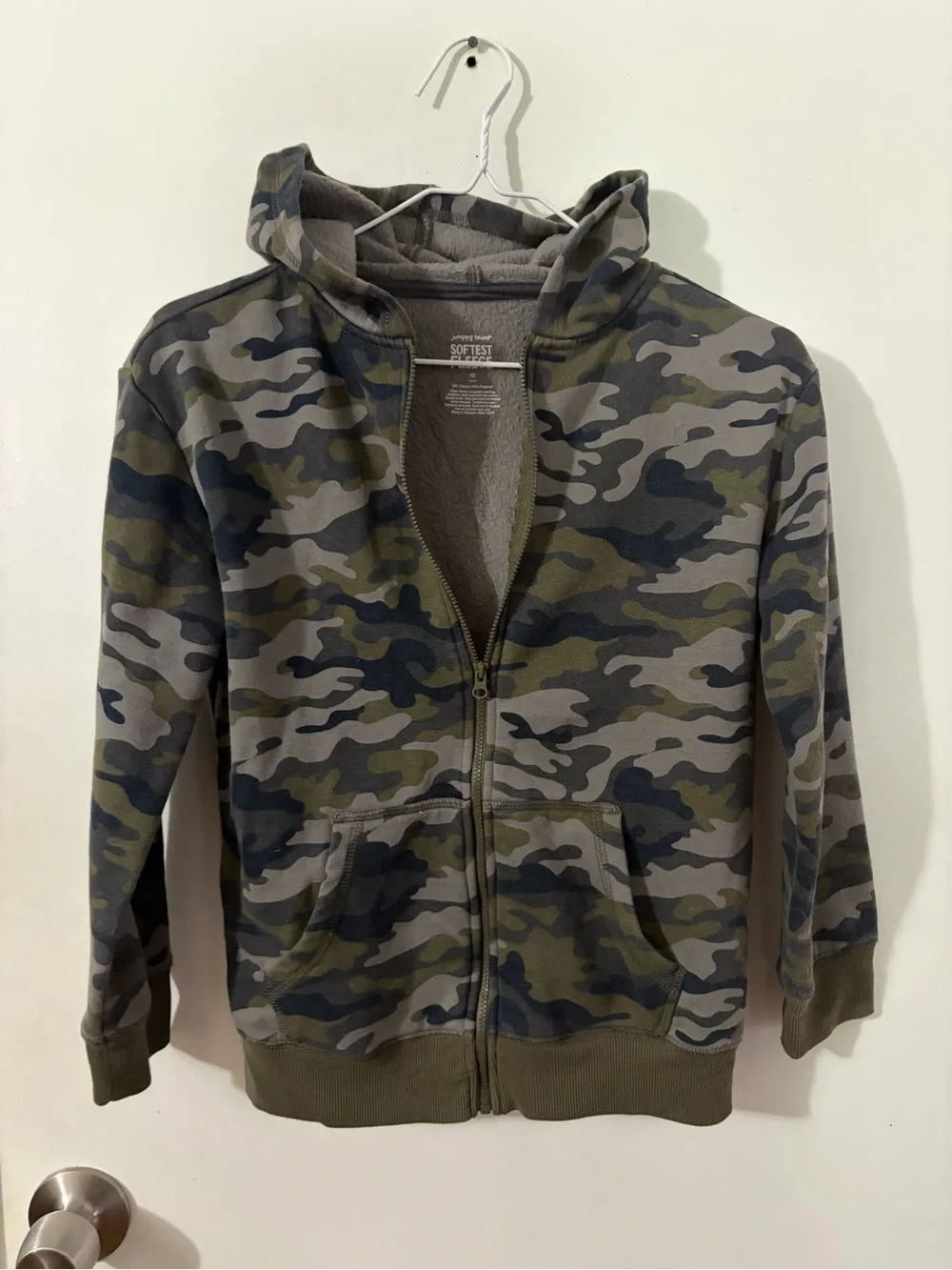 Boys Jumping Beans Size 10 Camo Zip-Up Hoodie Jacket Olive Green Tote15